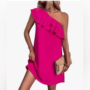 One Shoulder Tiered Layered Sleeveless Ruffle Trim Tunic Dress